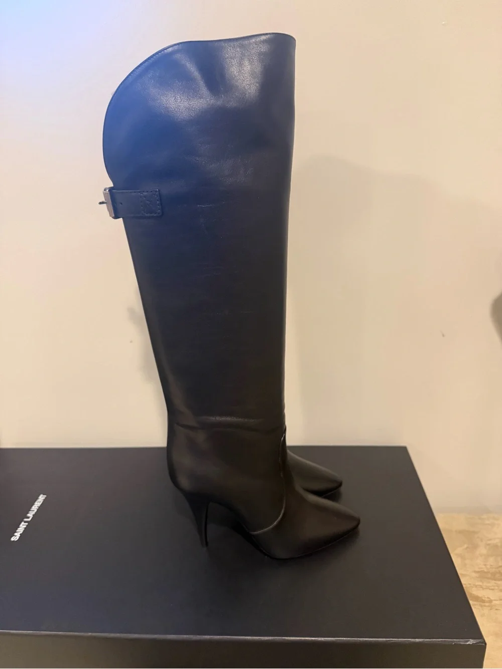 Saint Laurent Black Leather Over-the-Knee Stiletto Boots with Buckle 37.5